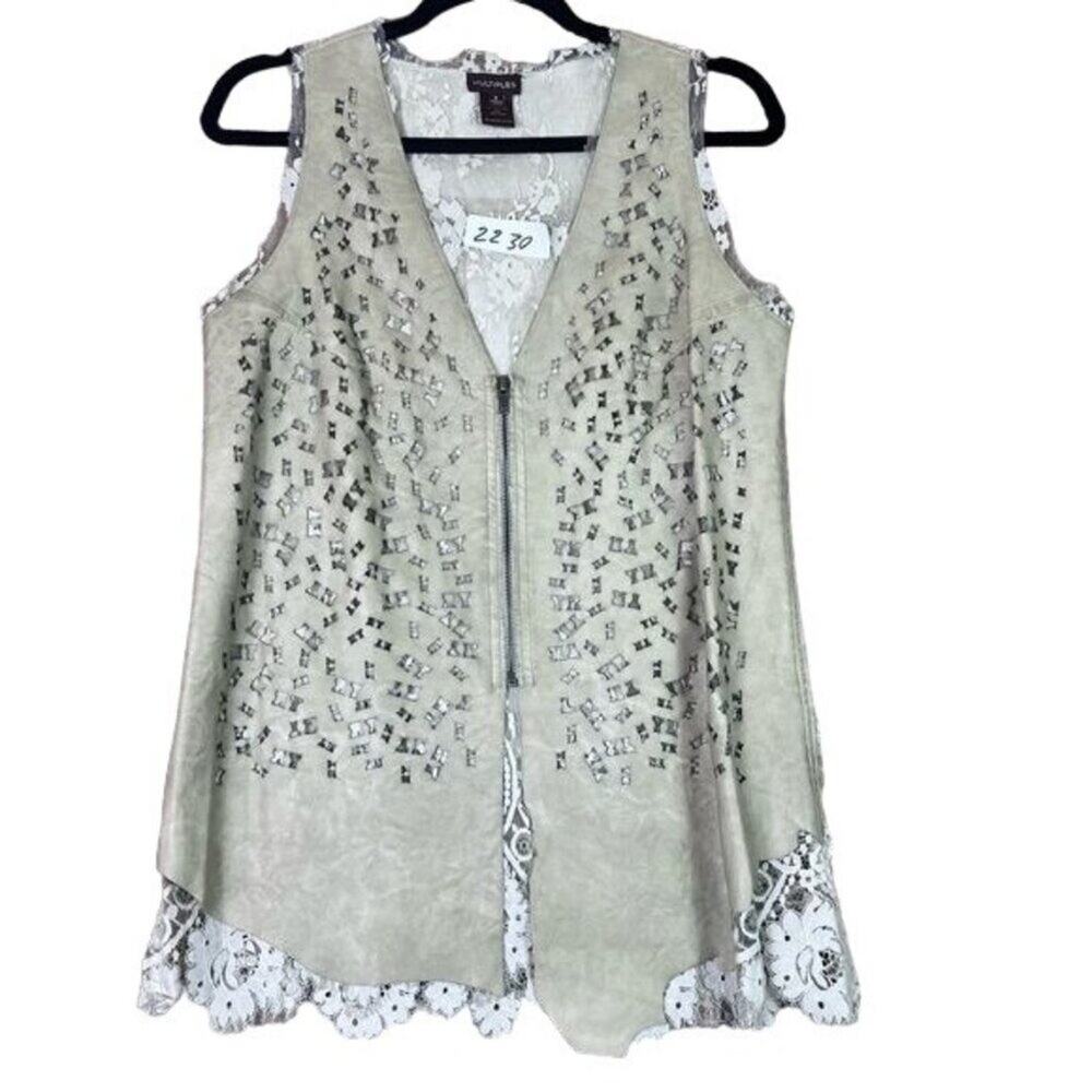Multiples Vest Womens Small Vegan Leather Floral Lace Boho Hippy Lagenlook
